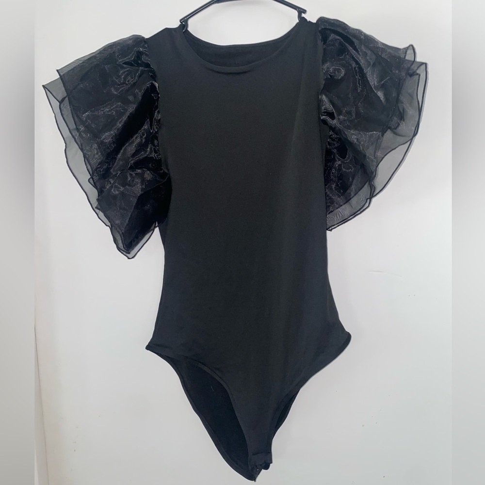 Bodysuit with Ruffle Sleeves Black Party Evening Large